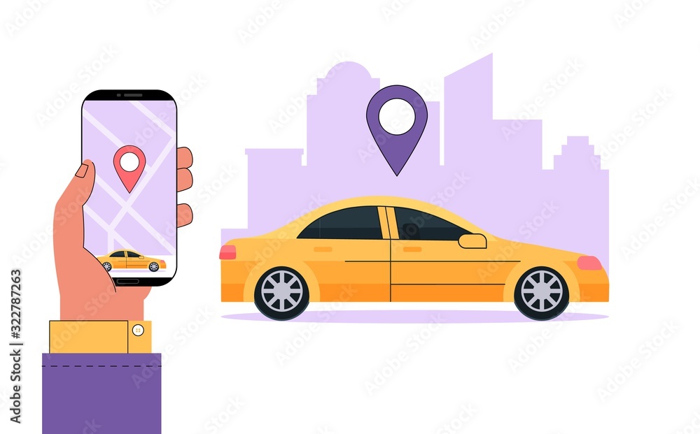 Modern carsharing or car rental service concept. Hand holds smartphone with information an app to find a car location. Vector illustration in flat cartoon style on cityscape background. Modern carsharing or car rental service concept. Hand holds smartphone with information an app to find a car location. Vector illustration in flat cartoon style on cityscape background.