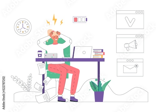 Professional burnout concept. Young exhausted woman sits at work in an office at table and holds her head in a rage. Vector illustration in flat cartoon style.