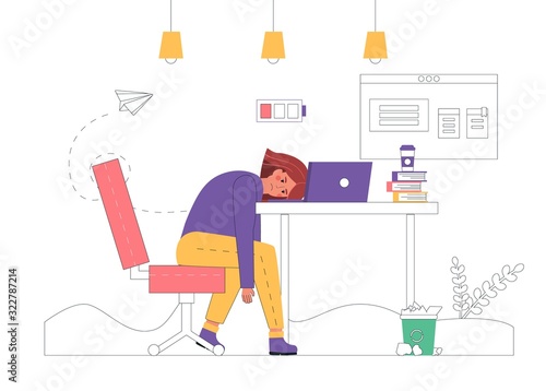 Professional burnout concept. Young exhausted woman manager sits at a table in the office, long work day. Frustrated worker mental health problems. Vector illustration in flat cartoon style.