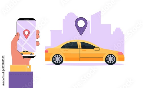 Modern carsharing or car rental service concept. Hand holds smartphone with information an app to find a car location. Vector illustration in flat cartoon style on cityscape background.