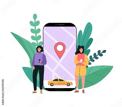 Modern concept rent car, carsharing service any location city. People uses mobile application on phone. Vector illustration in flat cartoon style on cityscape background.