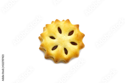 Homemade biscuit or cracker with pineapple jam and sweet flavored isolated on white background. Cookie or snack for coffee break. The image with top view.