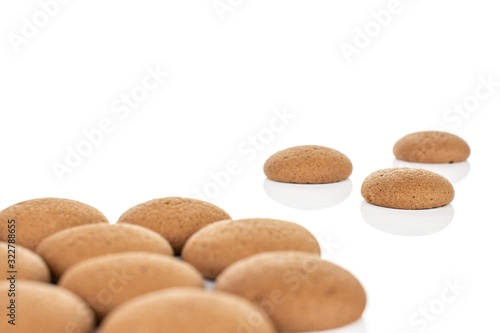 Lot of whole sweet brown chocolate sponge biscuit isolated on white background