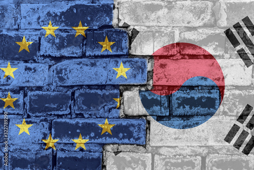 Flag of the European Union and South Korea on a brick wall