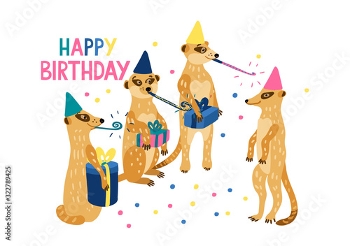 Happy meerkats holding gift boxes and celebrate birthday of their family member. They have party blowers. Vector hand drawn illustration isolated on white. Happy Birthday lettering. Greeting card.