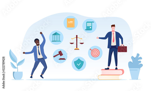 Legal services of a lawyer concept with two lawyers one standing on his law books, second celebrating victory in court and icons around scales of Justice, vector illustration