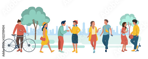 Young people in the eco city park. Vector illustration