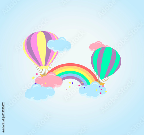 Cute childish vector illustration - balloon with clouds and rainbow on a blue gradient background. Baby postcard