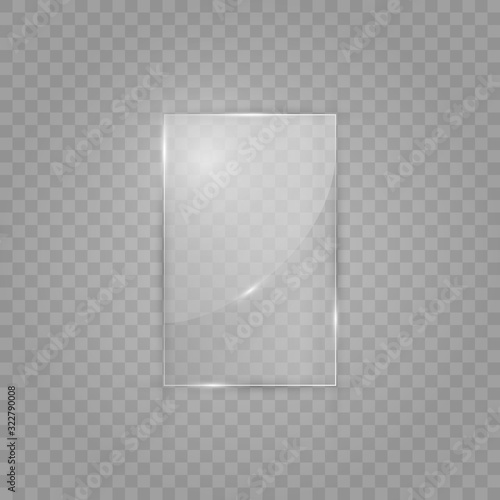 Glass plate on transparent background. Acrylic and glass texture with glares and light. Realistic transparent glass window in rectangle frame. Vector