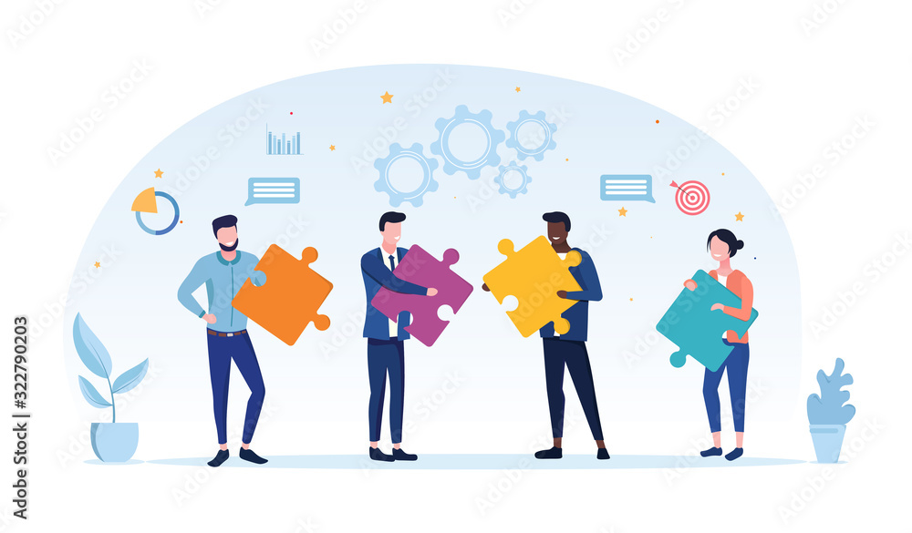 Teamwork concept with a group of business colleagues holding different jigsaw puzzle pieces needed to solve a problem by cooperation, vector illustration on white