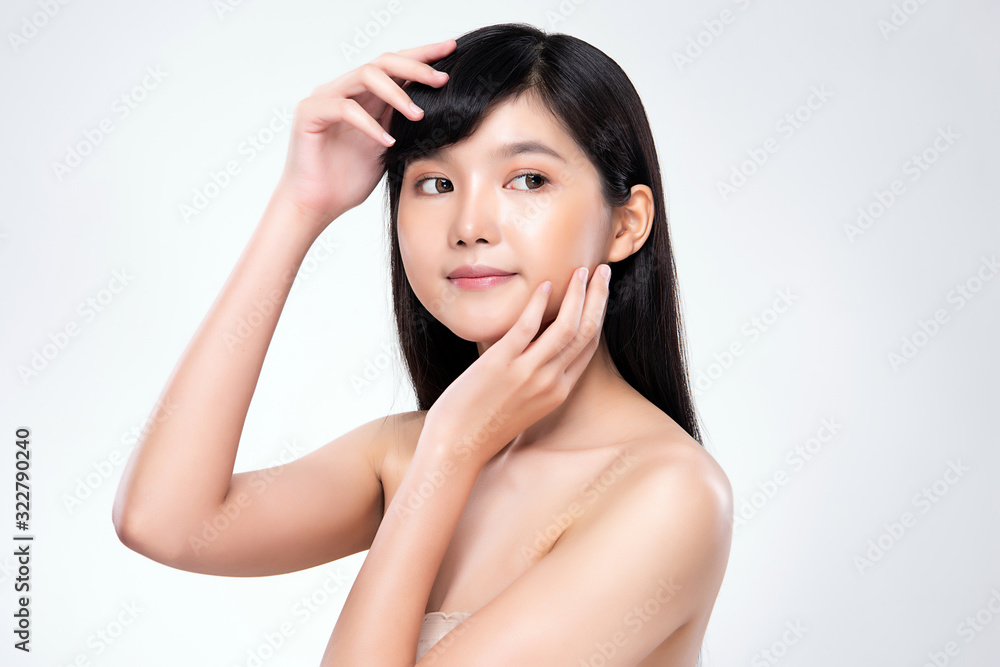 Portrait beautiful young asian woman clean fresh bare skin concept. Asian girl beauty face skincare and health wellness, Facial treatment, Perfect skin, Natural makeup, on white background,two Portrait beautiful young asian woman clean fresh bare skin concept. Asian girl beauty face skincare and health wellness, Facial treatment, Perfect skin, Natural makeup, on white background,two