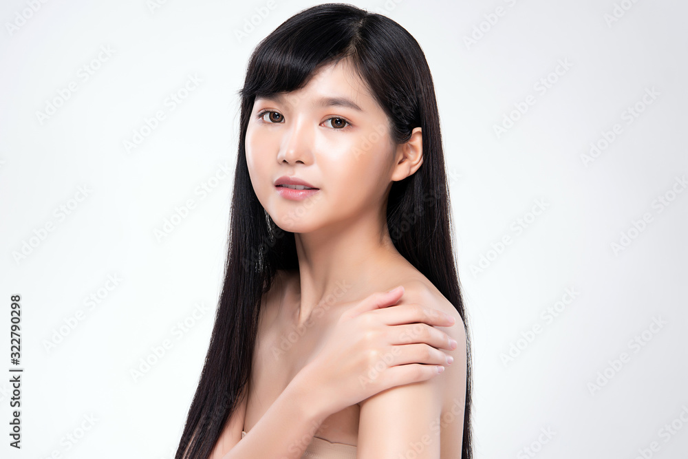 Portrait beautiful young asian woman clean fresh bare skin concept. Asian girl beauty face skincare and health wellness, Facial treatment, Perfect skin, Natural makeup, on white background,two Portrait beautiful young asian woman clean fresh bare skin concept. Asian girl beauty face skincare and health wellness, Facial treatment, Perfect skin, Natural makeup, on white background,two