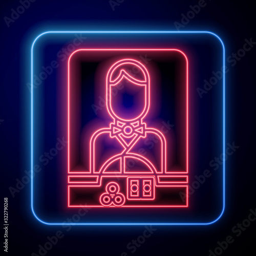 Glowing neon Casino dealer icon isolated on blue background. Casino croupier.  Vector Illustration