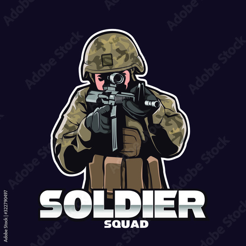 soldier holding gun isolated on dark barkground, mascot logo for team_vector eps10