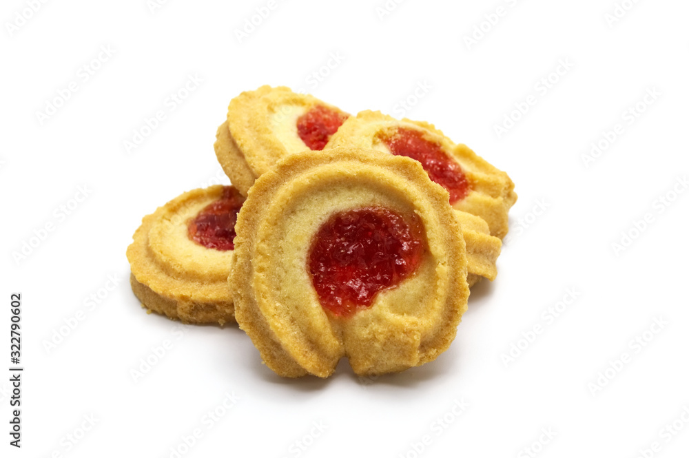 Butter cookies strawberry jam topping and sweet flavored. Biscuits cracker homemade on white background. Butter cookies strawberry jam topping and sweet flavored. Biscuits cracker homemade on white background.