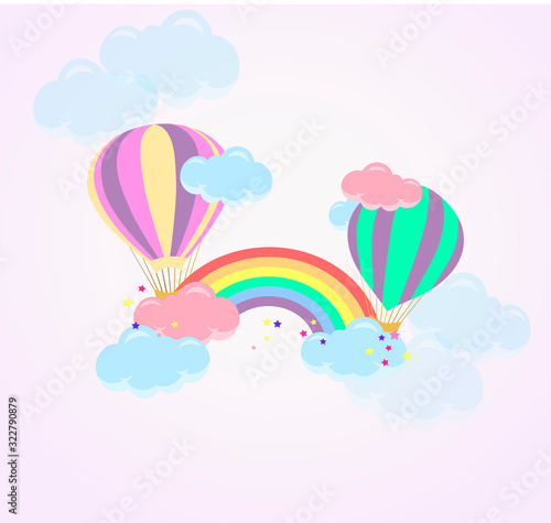 Cute childish vector illustration - hot air balloon with clouds and rainbow on a soft gradient background. Baby postcard