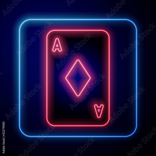 Glowing neon Playing card with diamonds symbol icon isolated on blue background. Casino gambling.  Vector Illustration
