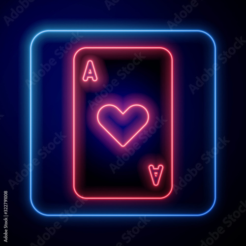 Glowing neon Playing card with heart symbol icon isolated on blue background. Casino gambling.  Vector Illustration