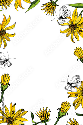 Elegant vector floral frame with white butterflies and Jerusalem artichoke flowers. Medicinal plant, natural product, honey plant. Place for text, web banner, useful plants concept, earth pear.