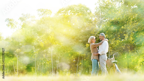 Caucasian elderly couples come to relax in the park during the summer. Of long holidays and Picnic. Tourism activities Of retire. Friendship, love and care your health. Health insurance concept © Rapeepat