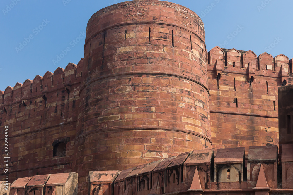 Outside red sandstone perimeter walls of Agra Fort, a UNESCO world heritage site in Agra, India