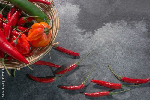 Chili pepper, different types and colors, with copy-space, on gray background