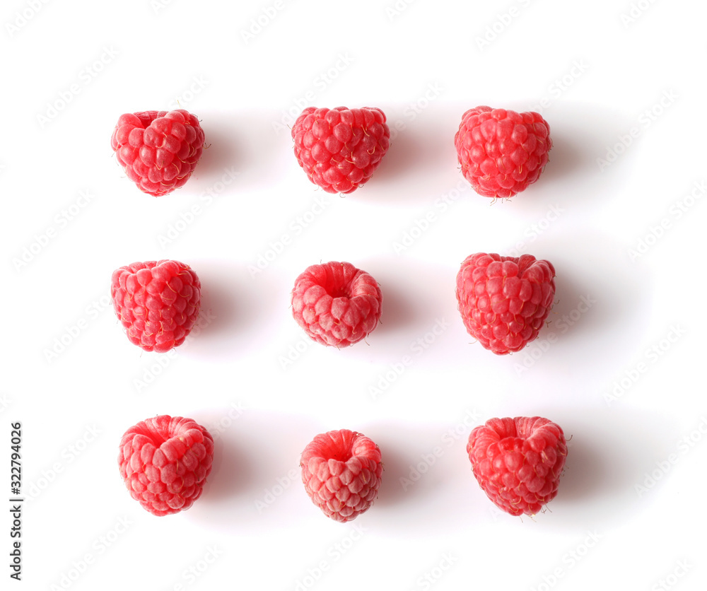 Set of red raspberries isolated on white background Set of red raspberries isolated on white background