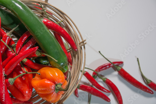 Chilli pepper, different types and colors, with copy-space and white background