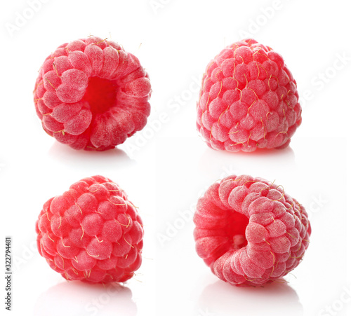 Collage of red ripe raspberries isolated on white background