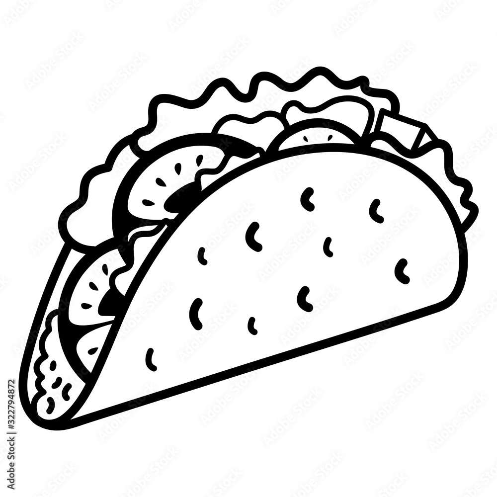 Taco with tortilla shell Mexican lunch line art vector icon for food apps and websites Taco with tortilla shell Mexican lunch line art vector icon for food apps and websites