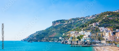 Blue sea and beach in Minori, attractive seaside town at Amalfi Coast, in Campania region of Italy.