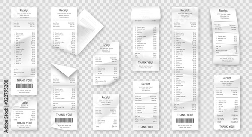 Set of paper receipts isolated on transparent background. Realistic paper receipt, check and payment bill printed on rolled and curved thermal paper photo