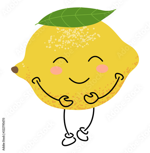 Funny character fruit. Lemon standing and smiling. Isolated on white background. Vector illustration.