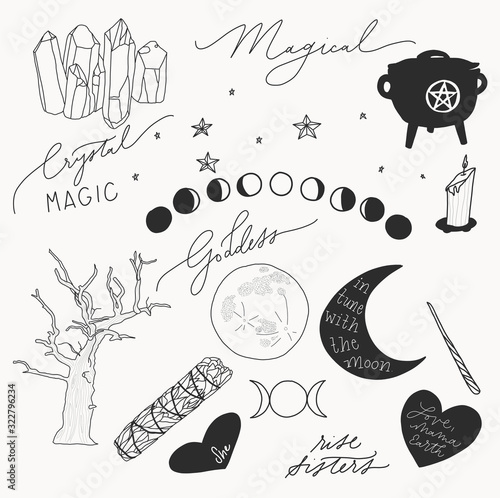 Magical Elements moons, crystals, smudge stick line drawings