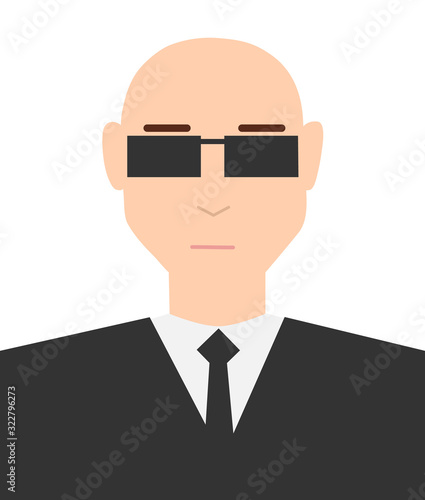 Security guard in a business suit and dark glasses. Avatar isolated on a white background. Vector illustration.
