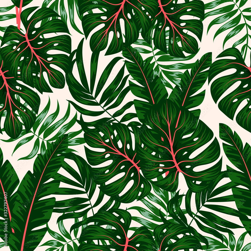 Trend seamless pattern. Tropical leaves and plants on white background. Illustration in Hawaiian style. Jungle leaves. Botanical pattern. Vector background for various surface. Exotic wallpaper.
