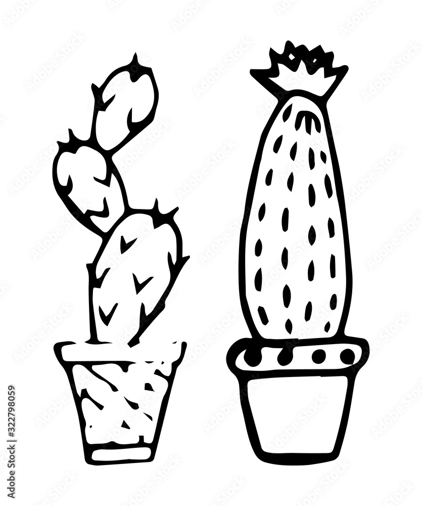 Cacti in flower pots. Hand drawn style. Isolated on a white background. Vector illustration.