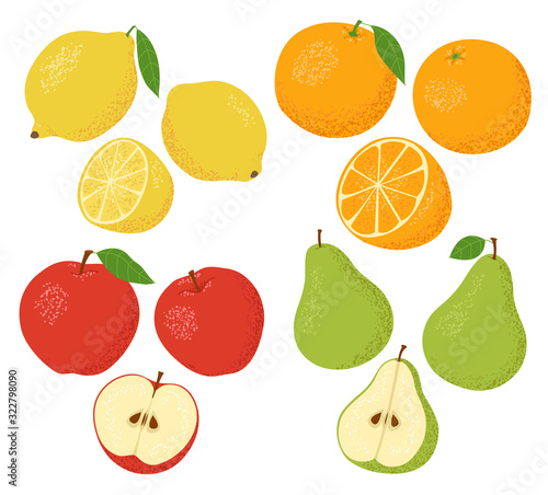 Set of fruits isolated on a white background. Orange  lemon  green pear  red apple. Cut in half. Vector illustration.