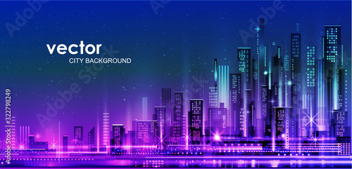 Vector night city illustration with neon glow and vivid colors.