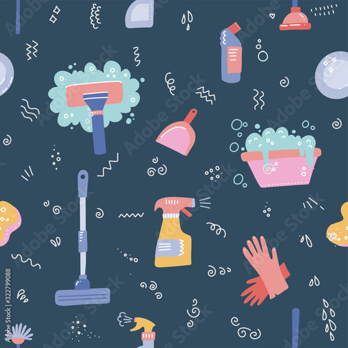 Spring cleaning. Seamless pattern with cleaning tools. Flat hand drawn vector objects. Clean home.