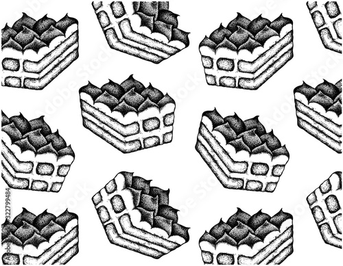 Sketch hand drawn black and white pattern with italian dessert tiramisu in line art, engraving, doodle, vintage style. Wallpaper for menu, packing, cafe, bakery. Vector illustration background.