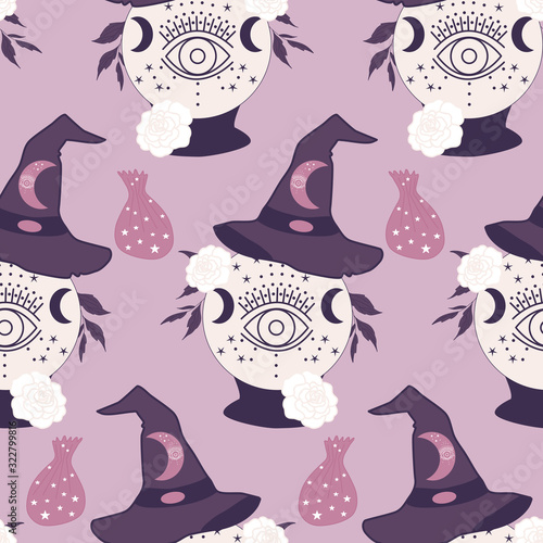 with.  rystal globe and witch hat in a seamless pattern