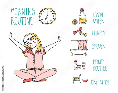 A young girl sitting in yoga pose after early wake up and planning morning routine including fitness, drinking lemon water, shower, breakfast, and beauty rituals. Hand drawn vector illustration