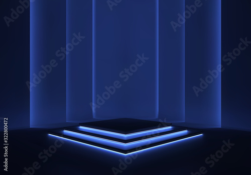 Illuminated scene with three steps illuminated by neon lights. Glossy podium on a deep blue background. Frosted reflection of neon lights. Show room. Vector.EPS 10