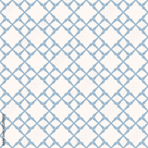 Vector geometric seamless pattern. Elegant abstract background with diamond shapes, floral figures, grid, net, lattice, repeat tiles. Ornament design in soft blue and white colors. Damask texture