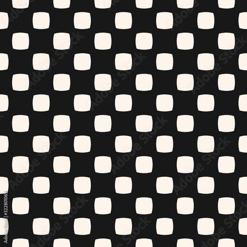 Simple geometric seamless pattern with small rounded squares, dots. Abstract black and white minimalist texture. Vector monochrome background. Perforated surface. Dark repeat design for decor, fabric