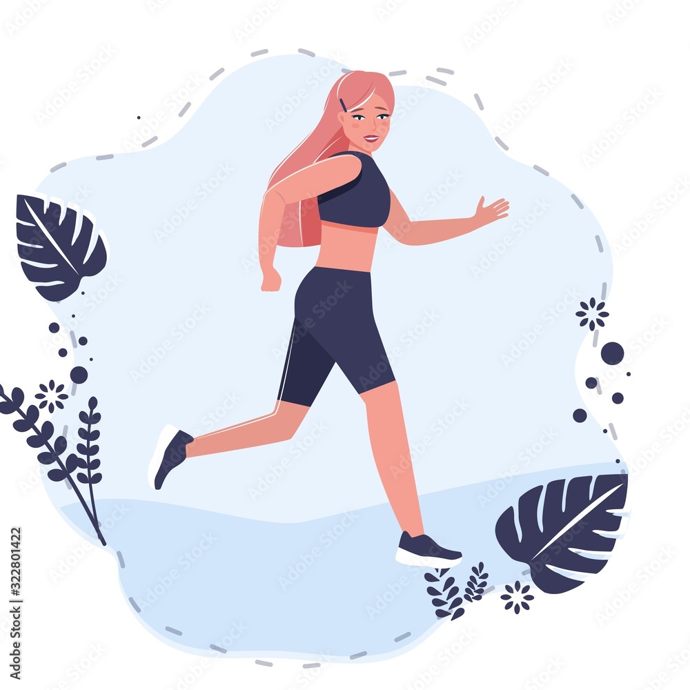 Beauty girl in sportswear runner, jogging, sportive walking. Cartoon flat  style vector illustration on white background. Stock Vector | Adobe Stock