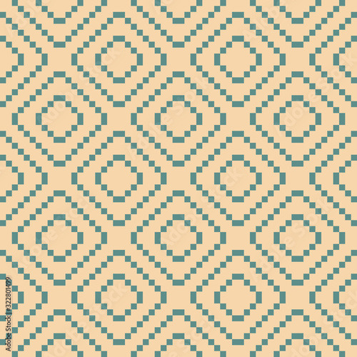 Vector geometric traditional ethnic ornament. Fair isle seamless pattern. Folk motif. Simple texture design with small squares, crosses, rhombuses, embroidery. Green and tan colors. Repeat background