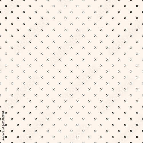 Simple minimalist floral texture. Geometric seamless pattern with tiny flower silhouettes, crosses. Vector abstract monochrome background. Black and white minimal ornament. Delicate repeated design