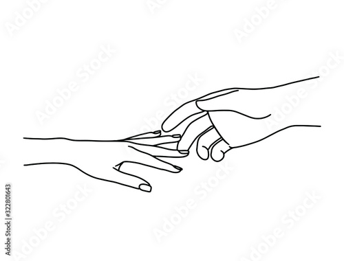 hand in hand. thin line drawing black hands . Vector illustration